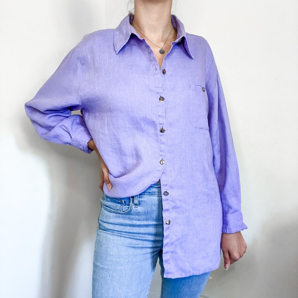 100% Linen Oversized Lilac Purple Button Up Chico Size 2